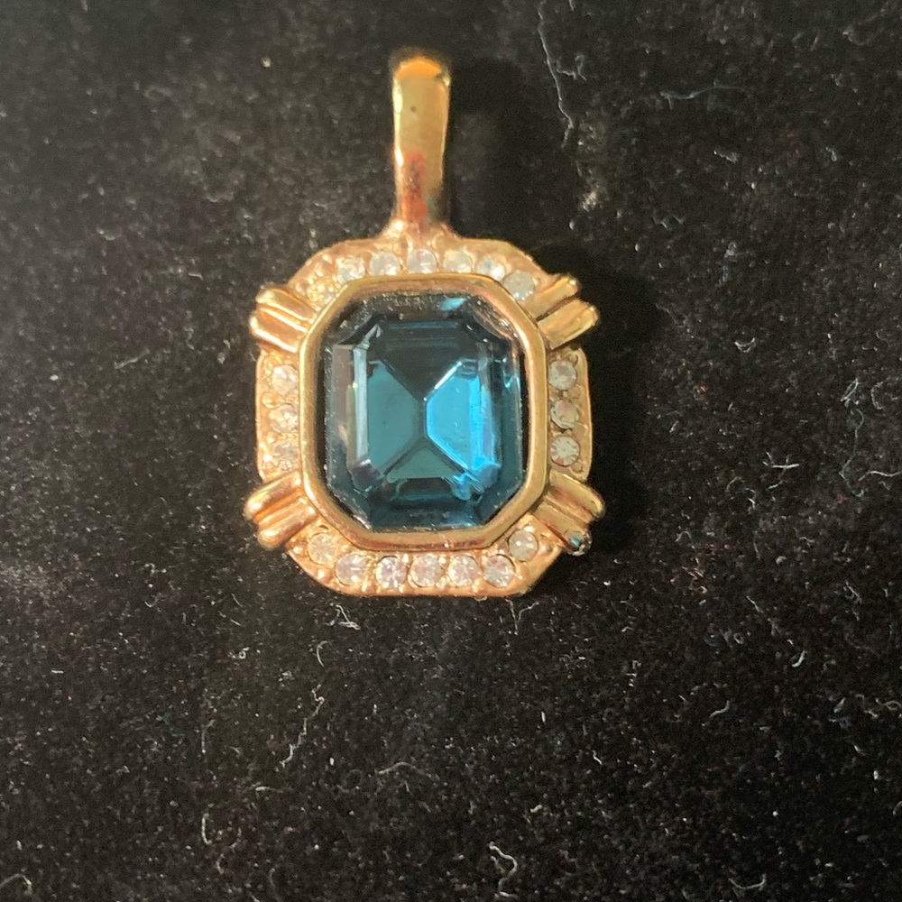 Gold-Tone Pendant with Deep Blue Emerald-Cut Stone and Crystal Halo
